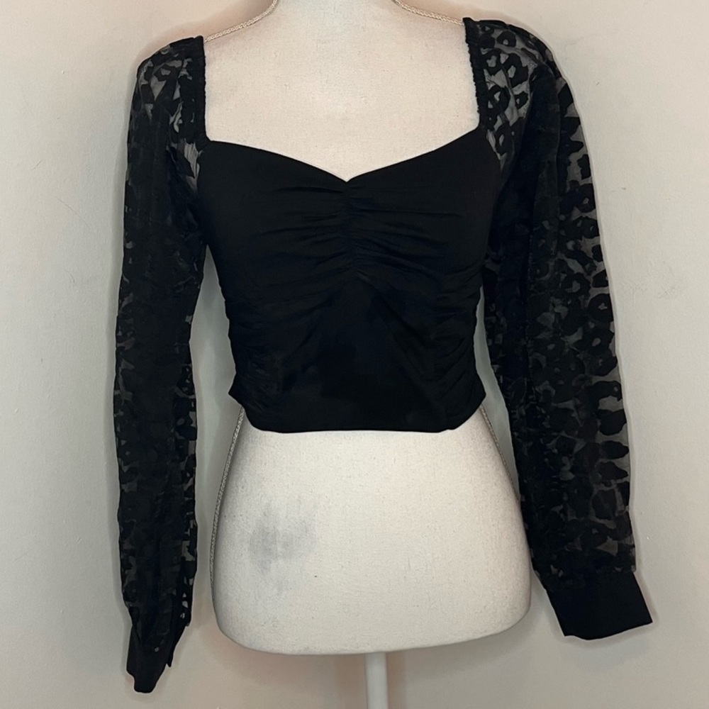 Zara long sleeve black fitted crop top sheer sleeve size xsmall